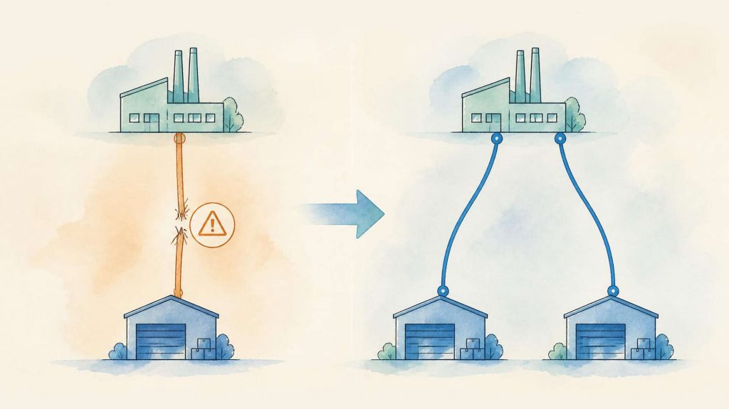 Illustration einer Dual-Sourcing-Strategie: Ein riskanter Single-Sourcing-Pfad wird durch zwei stabile Lieferantenverbindungen ersetzt.