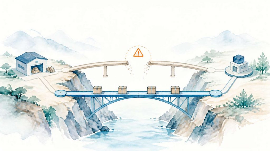 Illustration einer unterbrochenen Lieferroute, die durch eine zweite Brücke als alternative Bezugsquelle abgesichert wird.