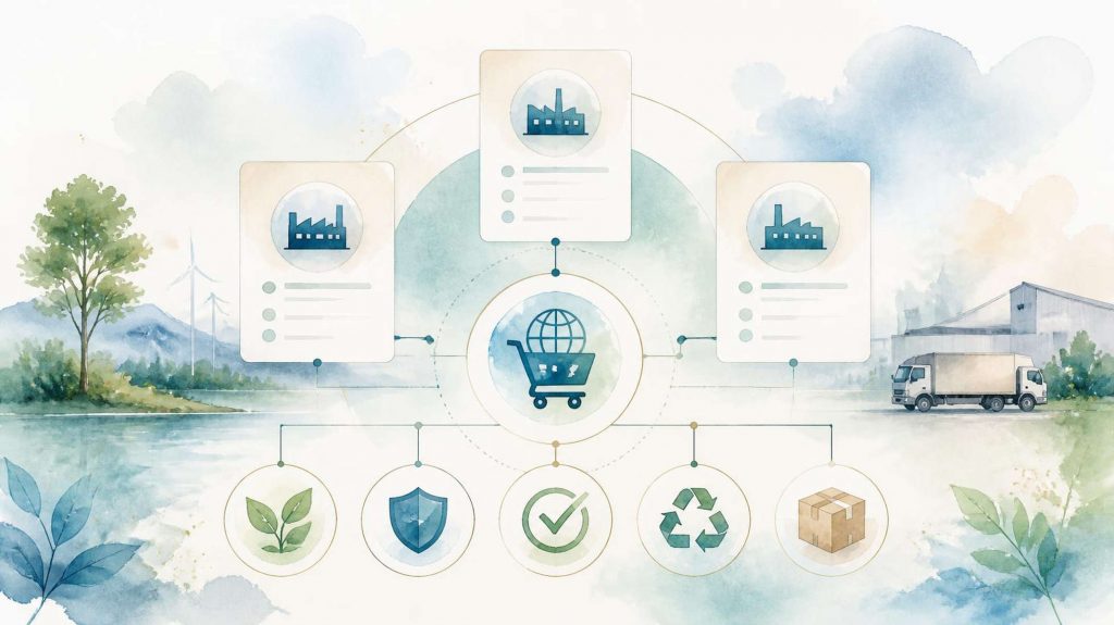 Nachhaltige Lieferantenbewertung mit Einkaufsplattform, Lieferantenkarten und Kriterien wie Umwelt, Risiko, Recycling und Verpackung.
