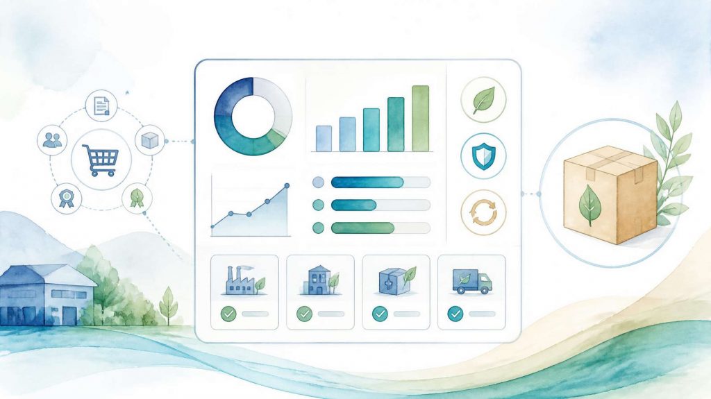 Nachhaltiger Einkauf messbar dargestellt durch ein KPI-Dashboard mit Lieferantenbewertung, Nachhaltigkeitssymbolen und Produktpaket.