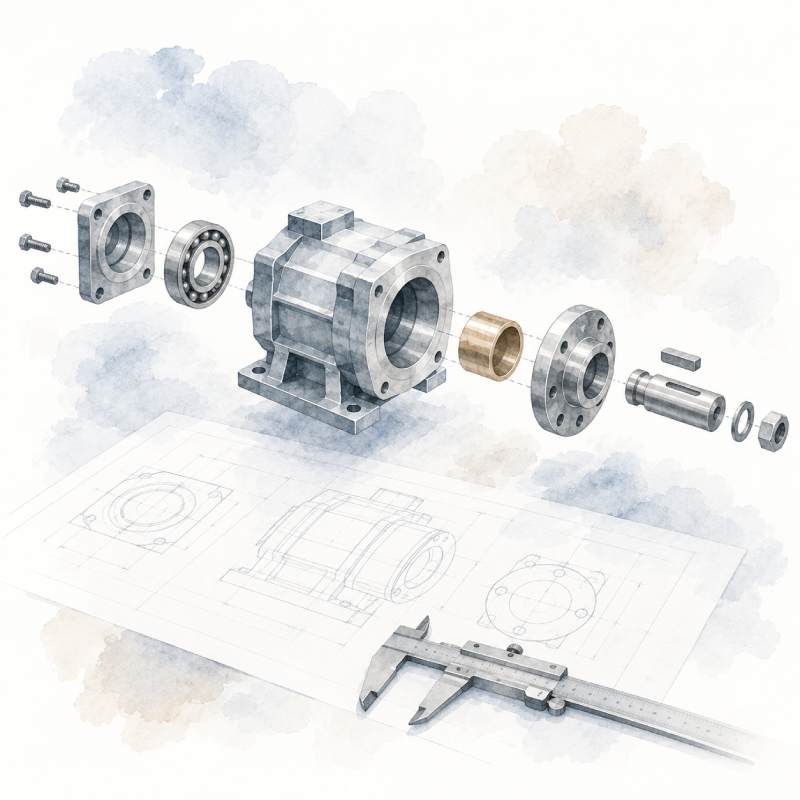 Minimalistische Watercolor-Illustration einer explodierten Maschinenbau-Baugruppe mit technischen Zeichnungen und Messschieber als Symbol für Spezifikationen im technischen Einkauf