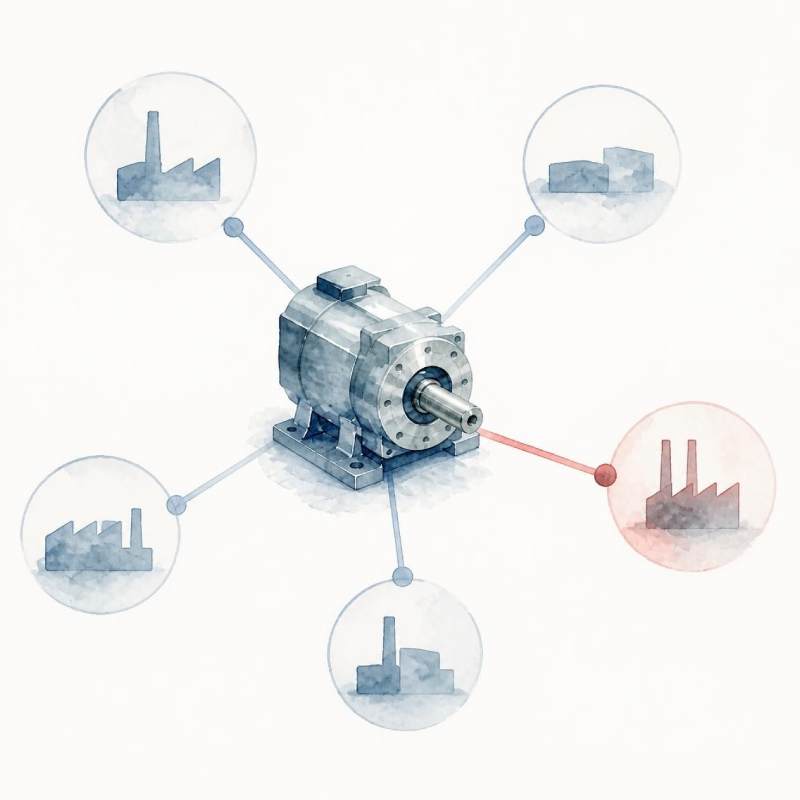 Minimalistische Illustration eines zentralen Maschinenbauteils mit verbundenen Lieferantenpunkten als Darstellung von Abhängigkeiten in der technischen Beschaffung