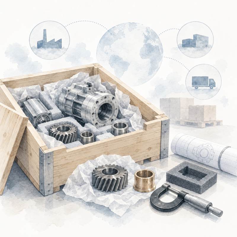 Watercolor-Illustration einer geöffneten Transportkiste mit Maschinenbauteilen, Verpackung, Zeichnung und Messwerkzeug als Symbol für technische Beschaffung und Lieferantenarbeit