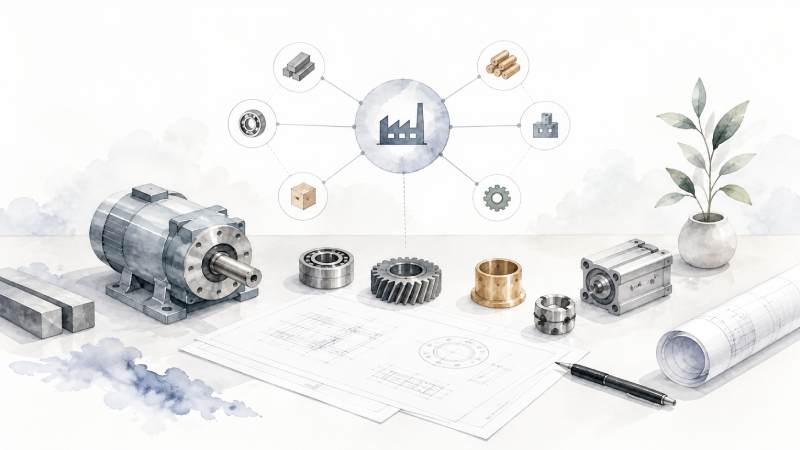 Horizontale Watercolor-Illustration mit Maschinenbauteilen, technischer Zeichnung und einem schematischen Lieferantennetzwerk als Symbol für technische Beschaffung im Maschinenbau.