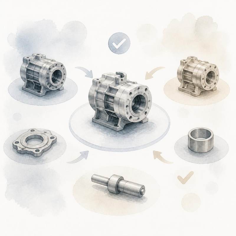 Minimalistische Watercolor-Illustration mehrerer Bauteiloptionen als Symbol für wirtschaftliche Entscheidungen im technischen Einkauf vor der Bestellung