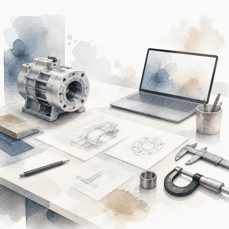 Watercolor-Illustration eines Arbeitstischs mit Maschinenbauteil, Laptop und Prüfwerkzeugen als Symbol für die Abstimmung zwischen Einkauf und Technik