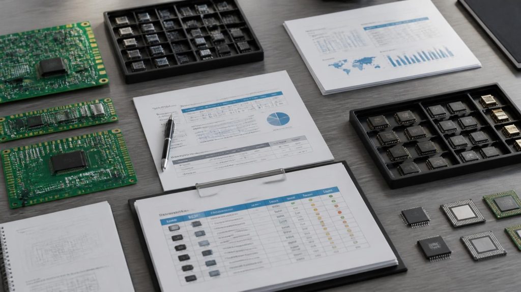 Elektronische Bauteile, Lieferantenmuster und technische Unterlagen zur Veranschaulichung strategischer Beschaffungsentscheidungen.