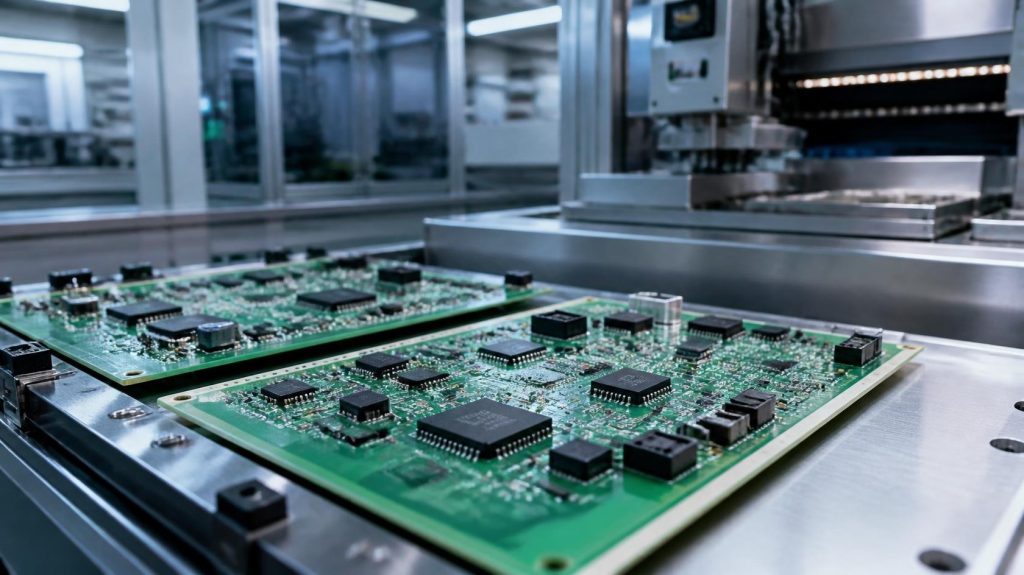 Elektronische Leiterplatten und Bauteile in der industriellen Fertigung als Beispiel für den strategischen Elektronikeinkauf.
