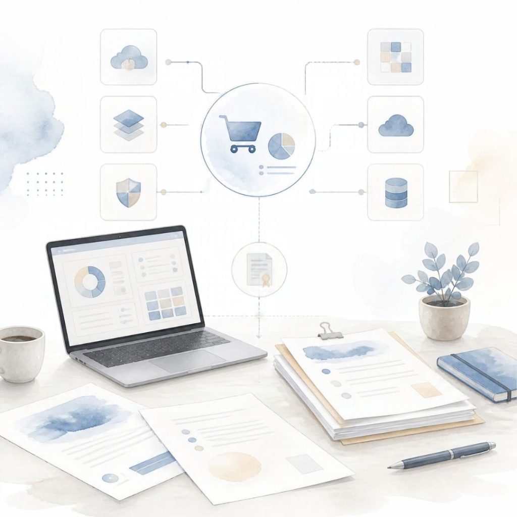 Minimalistische Aquarell-Illustration mit Laptop, Vertragsunterlagen, Cloud-Symbolen und Anbieter-Kacheln als Darstellung von IT-Sourcing als Warengruppe im indirekten Einkauf.