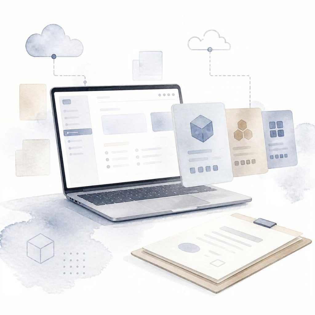 Minimalistische Aquarell-Illustration mit Laptop, Vertragsunterlagen sowie Software- und Cloud-Symbolen als Darstellung von IT-Sourcing im Einkauf