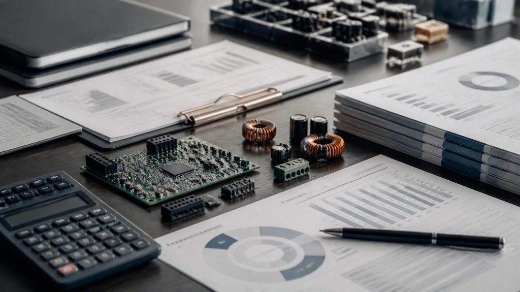 Elektronische Komponenten, Leiterplatten und analytische Unterlagen als Symbol für die wirtschaftliche Bewertung im Einkauf.