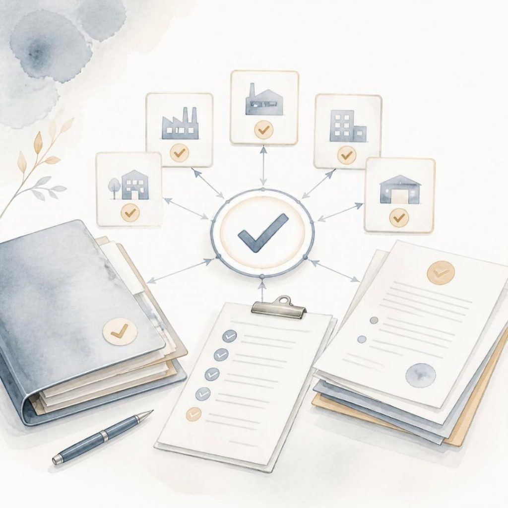 Minimalistische Aquarell-Illustration mit Anbieter-Kacheln, Freigabe-Checkliste und Risikosymbol als Darstellung der Lieferantenfreigabe im Einkauf.