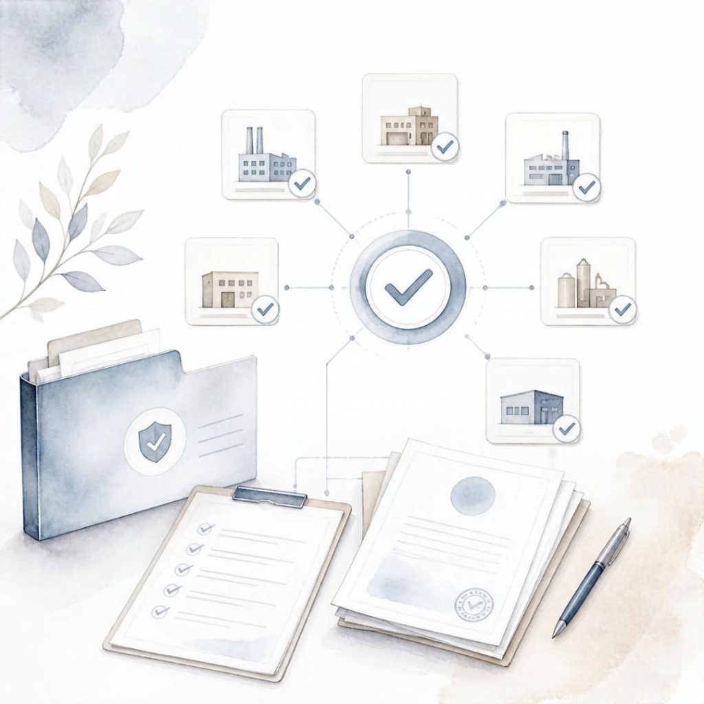 Minimalistische Aquarell-Illustration mit Lieferantenakte, Prüfcheckliste und Freigabe-Symbol als Darstellung der Lieferantenqualifizierung im Einkauf.