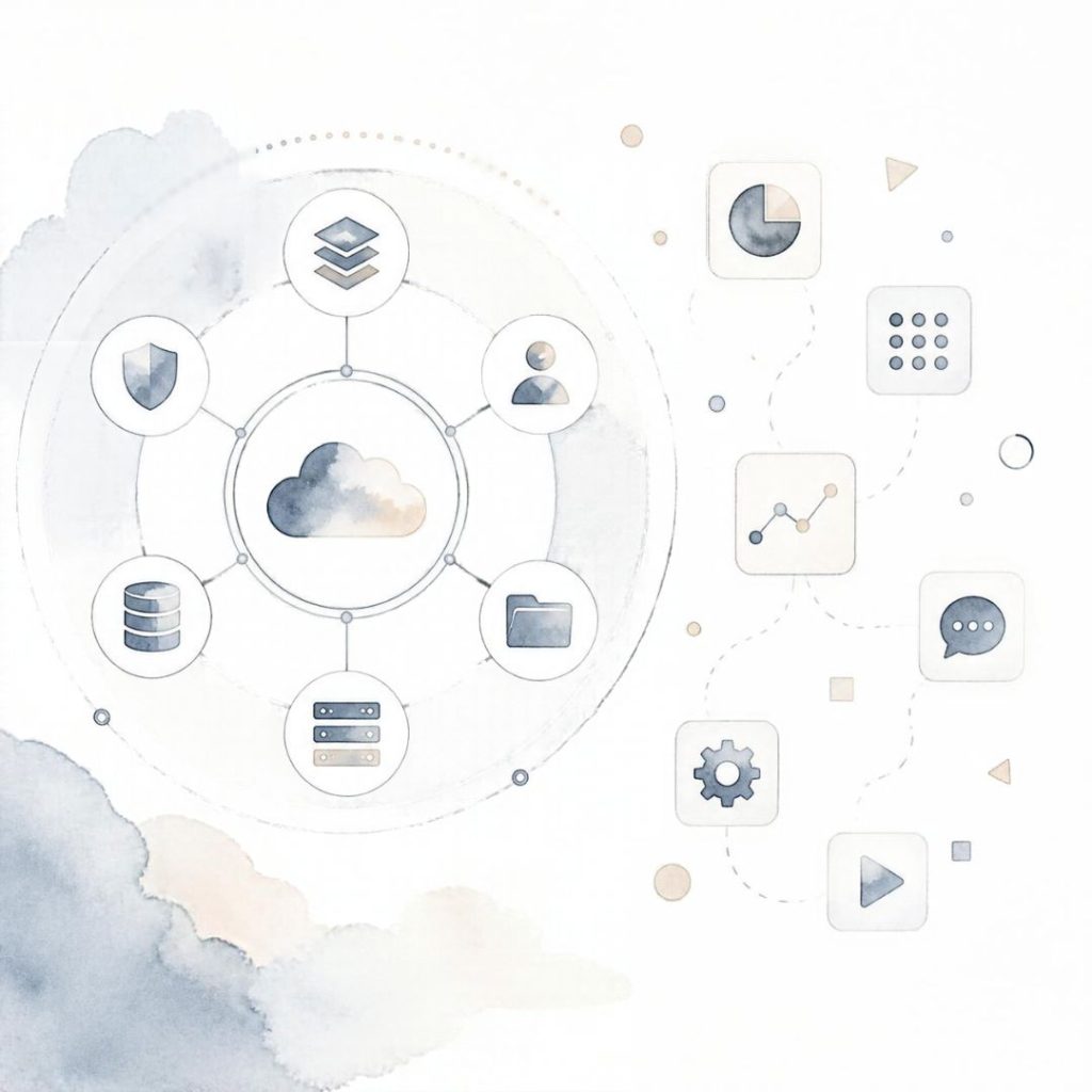 Minimalistische Aquarell-Illustration mit einem zentralen freigegebenen Software-System und lose verteilten App-Symbolen als Darstellung von Schatten-IT