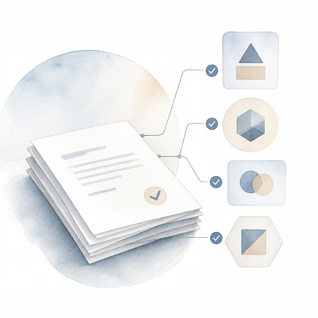 Aquarell-Illustration eines Laptops mit abstrahierter Software-Oberfläche, Lizenzmodulen und Vertragsunterlagen als Symbol für Software-Beschaffung und SaaS