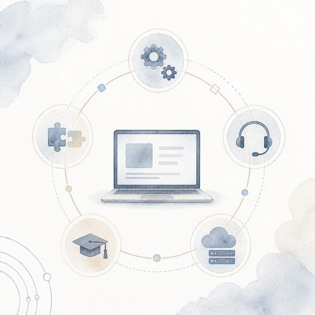 Aquarell-Illustration eines zentralen Software-Symbols mit umliegenden Kostenbausteinen als Darstellung der Gesamtkosten im Software-Einkauf